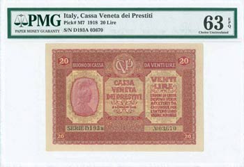 ITALY: 20 Lire (2.1.1918) in red-violet with ... 