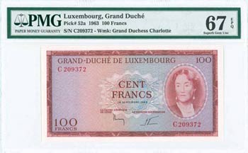 LUXEMBOURG: 100 Francs (18.9.1963) in dark ... 