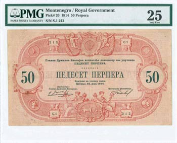MONTENEGRO: 50 Perpera (25.7.1914) in red ... 