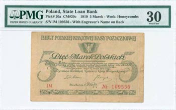 POLAND: 5 Marek (17.5.1919) in dark green ... 