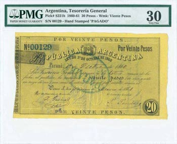 ARGENTINA: 20 Pesos (1860) in black with ... 