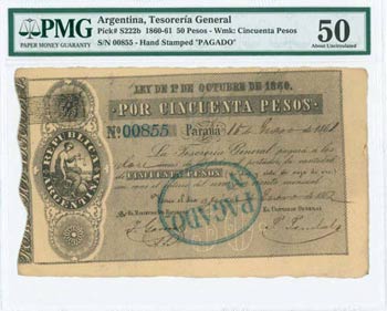 ARGENTINA: 50 Pesos (1861) in black with ... 