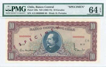 CHILE: Specimen of 10 Escudos (ND 1962-75) ... 