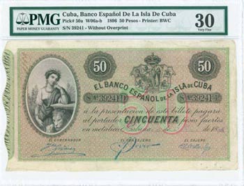 CUBA: 50 Pesos (15.5.1896) in black on red ... 