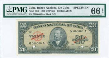 CUBA: Specimen of 20 Pesos (ND 1960) in ... 