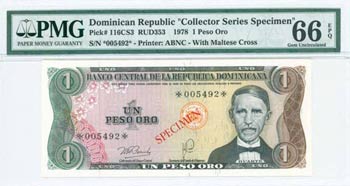 DOMINICAN REPUBLIC: Specimen of 1 Peso Oro ... 