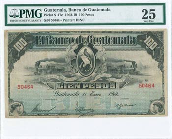 GUATEMALA: 100 Pesos (11.1.1909) in black on ... 