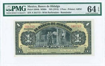 MEXICO: 1 Peso (ND 1914) remainder banknote ... 
