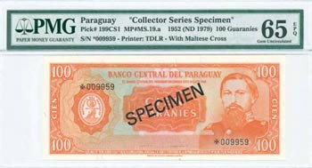 PARAGUAY: Specimen of 100 Guaranies (Law ... 
