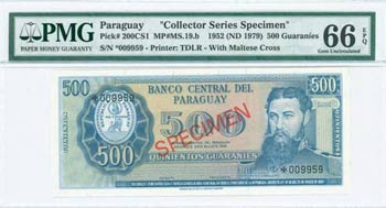 PARAGUAY: Specimen of 500 Guaranies (Law ... 