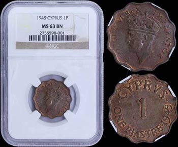 CYPRUS: 1 Piastre (1945) in bronze with ... 
