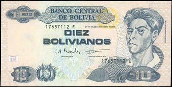 BOLIVIA: 10 Bolivianos (1997) in blue-black ... 