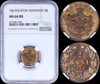 ROMANIA: 2 Bani (1867 HEATON) in copper with ... 