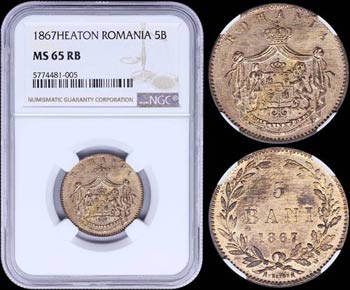 ROMANIA: 5 Bani (1867 HEATON) in copper with ... 