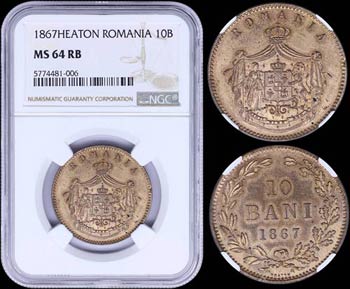 ROMANIA: 10 Bani (1867 HEATON) in copper ... 