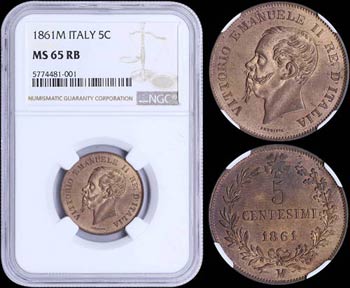 ITALY: 5 Centesimi (1861 M) in copper with ... 