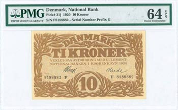 DENMARK: 10 Kroner (1920) in brown with ... 