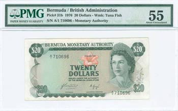 BERMUDA: 20 Dollars (1.3.1976) in green on ... 