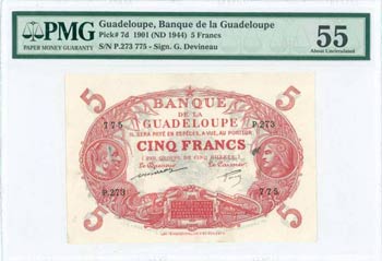 GUADELOUPE: 5 Francs (Law 1901 - ND 1944) in ... 