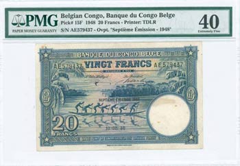BELGIAN CONGO: 20 Francs (10.8.1948) in blue ... 