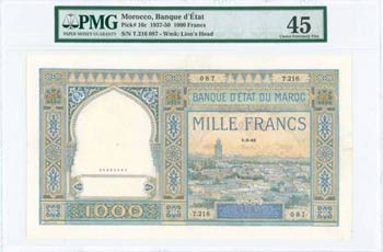 MOROCCO: 1000 Francs (1.3.1945) in green, ... 