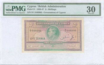 GREECE: 2 Shillings (25.8.1947) in green and ... 