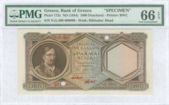 GREECE: Specimen of 1000 Drachmas (ND 1944) ... 