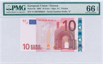 GREECE: 10 Euro (2002) in red and multicolor ... 