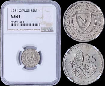 CYPRUS: 25 Mils (1971) in copper-nickel with ... 