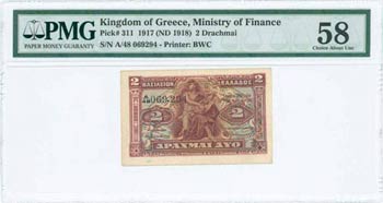 GREECE: 2 Drachmas (ND 1922) in dark red on ... 