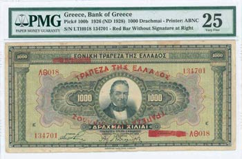 GREECE: 1000 Drachmas (4.11.1926) in black ... 