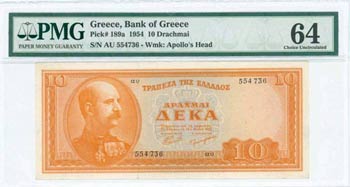 GREECE: 10 Drachmas (15.5.1954) in orange on ... 
