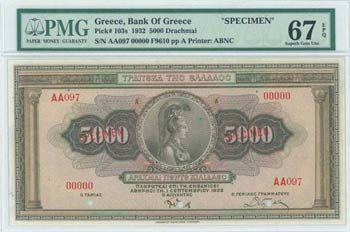 GREECE: Specimen of 5000 Drachmas (1.9.1932) ... 