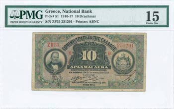 GREECE: 10 Drachmas (8.1.1914) in black on ... 