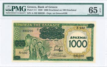 GREECE: 1000 Drachmas on 100 Drachmas (1939) ... 