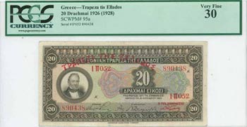 GREECE: 20 Drachmas (19.10.1926) in brown on ... 