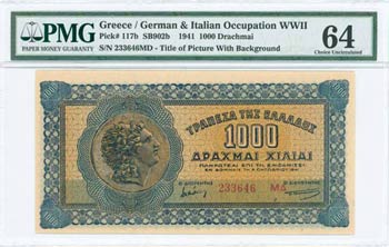 GREECE: 1000 Drachmas (1.10.1941) in blue on ... 