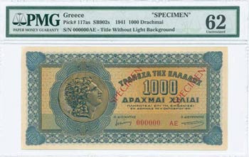 GREECE: Specimen of 1000 Drachmas ... 