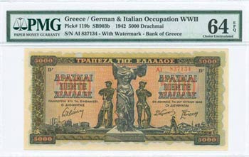 GREECE: 5000 Drachmas (20.6.1942) in black ... 