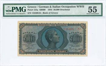 GREECE: 50000 Drachmas (14.1.1944) in blue ... 