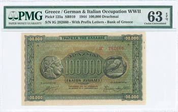 GREECE: 100000 Drachmas (21.1.1944) in black ... 