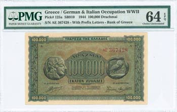 GREECE: 100000 Drachmas (21.1.1944) in black ... 