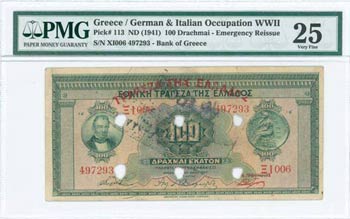 GREECE: 100 Drachmas (25.5.1927) of 1941 ... 