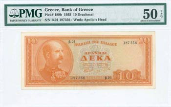 GREECE: 10 Drachmas (1.3.1955) in orange on ... 