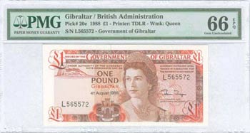 GIBRALTAR: 1 Pound (4.8.1988) in brown and ... 