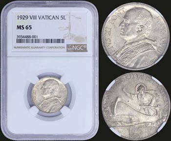 VATICAN CITY: 5 Lire (1929 VIII) in silver ... 