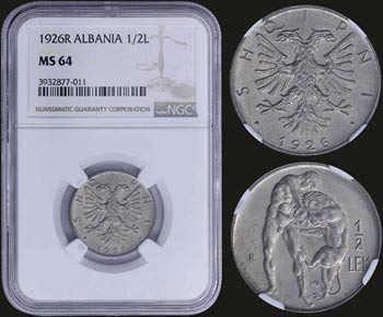 ALBANIA: 1/2 Lek (1926 R) in nickel with ... 