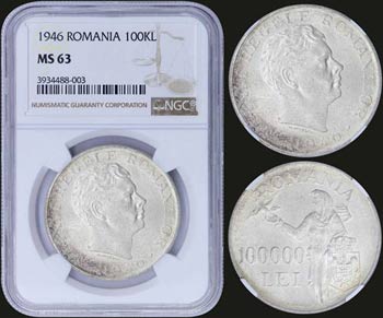 ROMANIA: 100000 Lei (1946) in silver (0,700) ... 