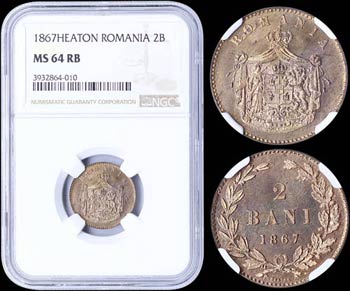 ROMANIA: 2 Bani (1867 HEATON) in copper with ... 