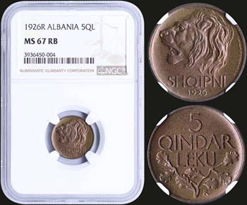 ALBANIA: 5 Qindar Leku (1926 R) in bronze ... 